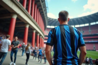 Fan italien de football devant San Siro en tenue Inter Milan