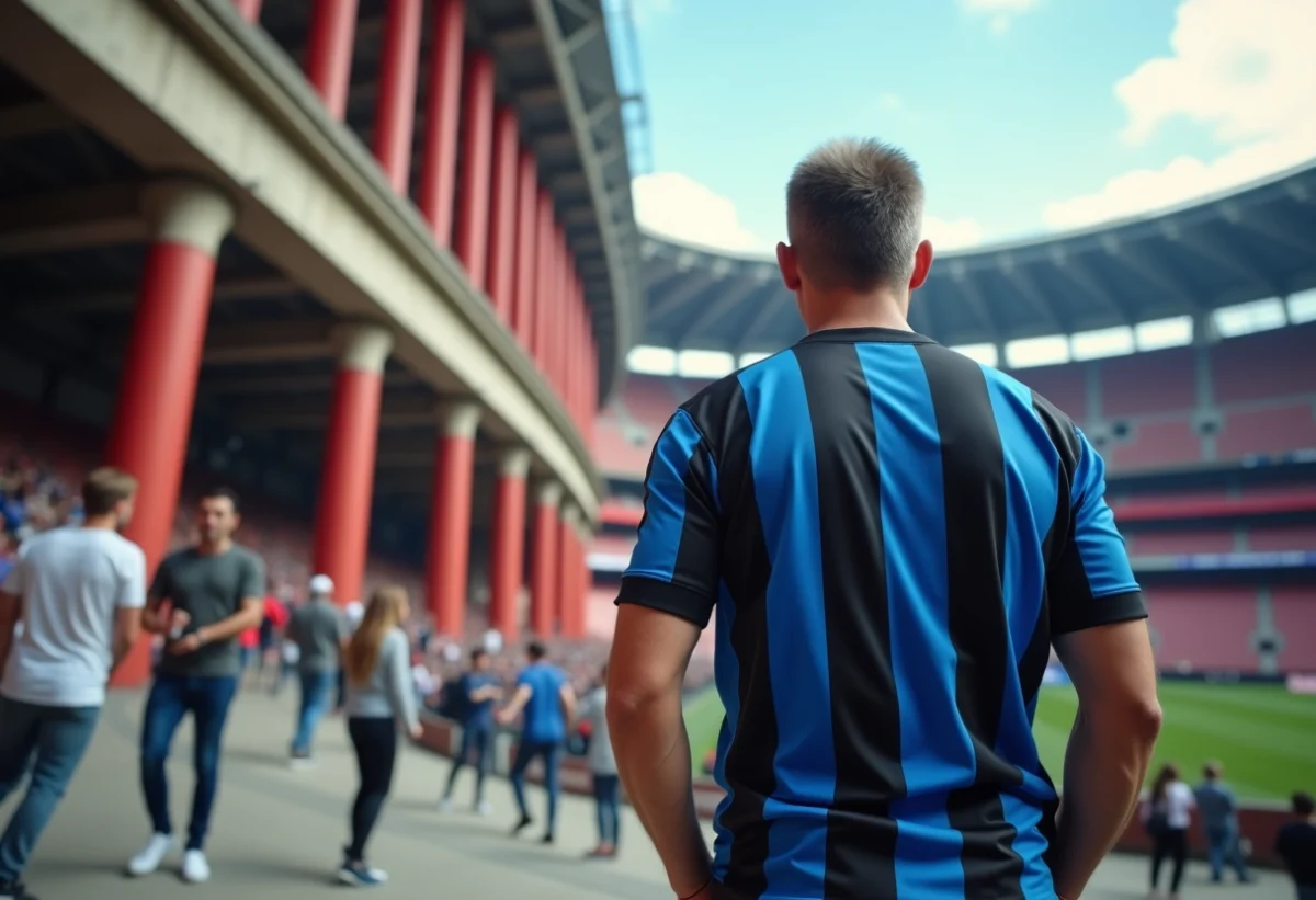 Fan italien de football devant San Siro en tenue Inter Milan
