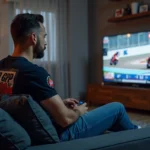 Jeune homme regarde une course MotoGP à la télé dans un salon