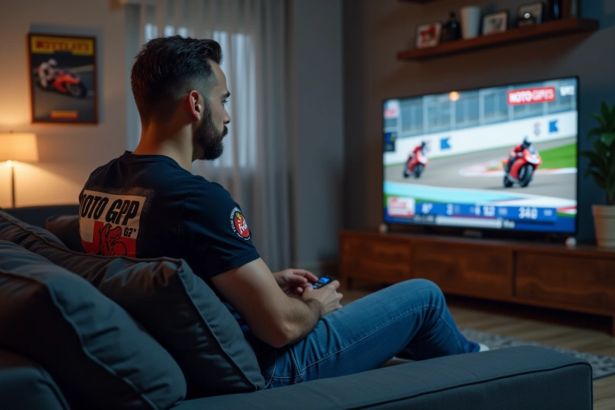 Jeune homme regarde une course MotoGP à la télé dans un salon
