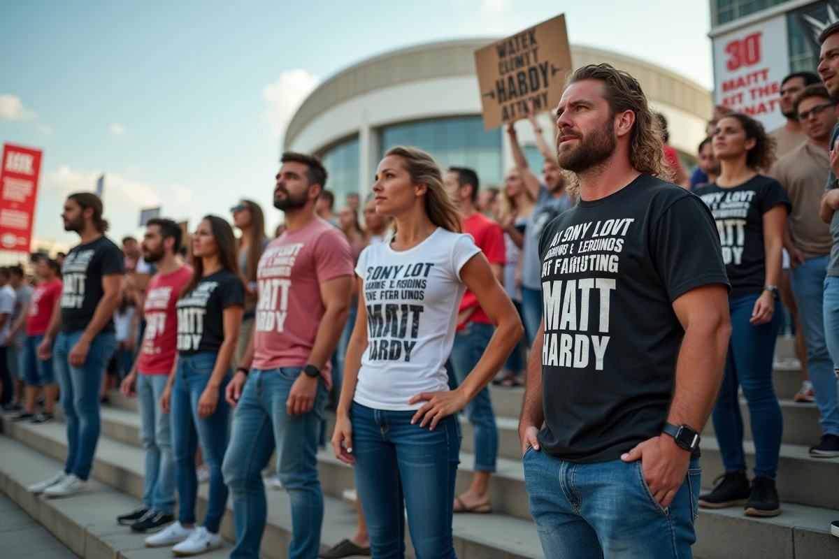 Fans de lutte avec pancartes devant une grande arène