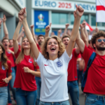 Fans de football anglais célébrant devant le stade Euro 2025