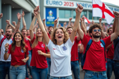 Fans de football anglais célébrant devant le stade Euro 2025