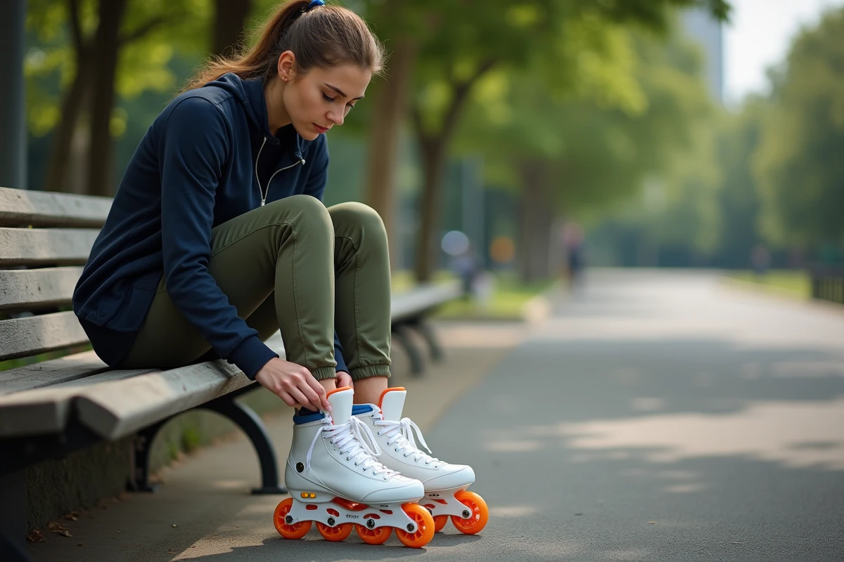 Femme adulte lacrant ses rollers Urban Glide 140 sur un banc en bois dans un parc urbain avant une session de glisse