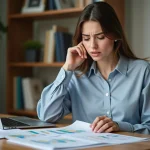 Femme analyste en home office étudiant des tableaux de répartition financière sur un bureau encombré de documents