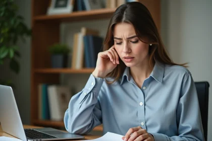 Femme analyste en home office étudiant des tableaux de répartition financière sur un bureau encombré de documents