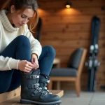 Femme assise dans un chalet de ski enfilant une chaussure de ski confortable et rembourrée, expression détendue, ambiance chaleureuse en bois