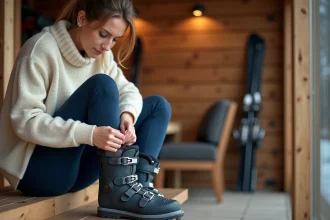 Femme assise dans un chalet de ski enfilant une chaussure de ski confortable et rembourrée, expression détendue, ambiance chaleureuse en bois