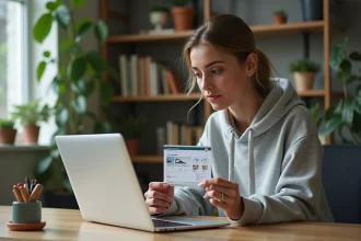 Femme consultant un code promo Tennis : zero 2026 sur ordinateur portable à son bureau à domicile