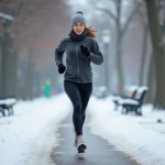 Jeune femme en course d'hiver dans un parc enneige