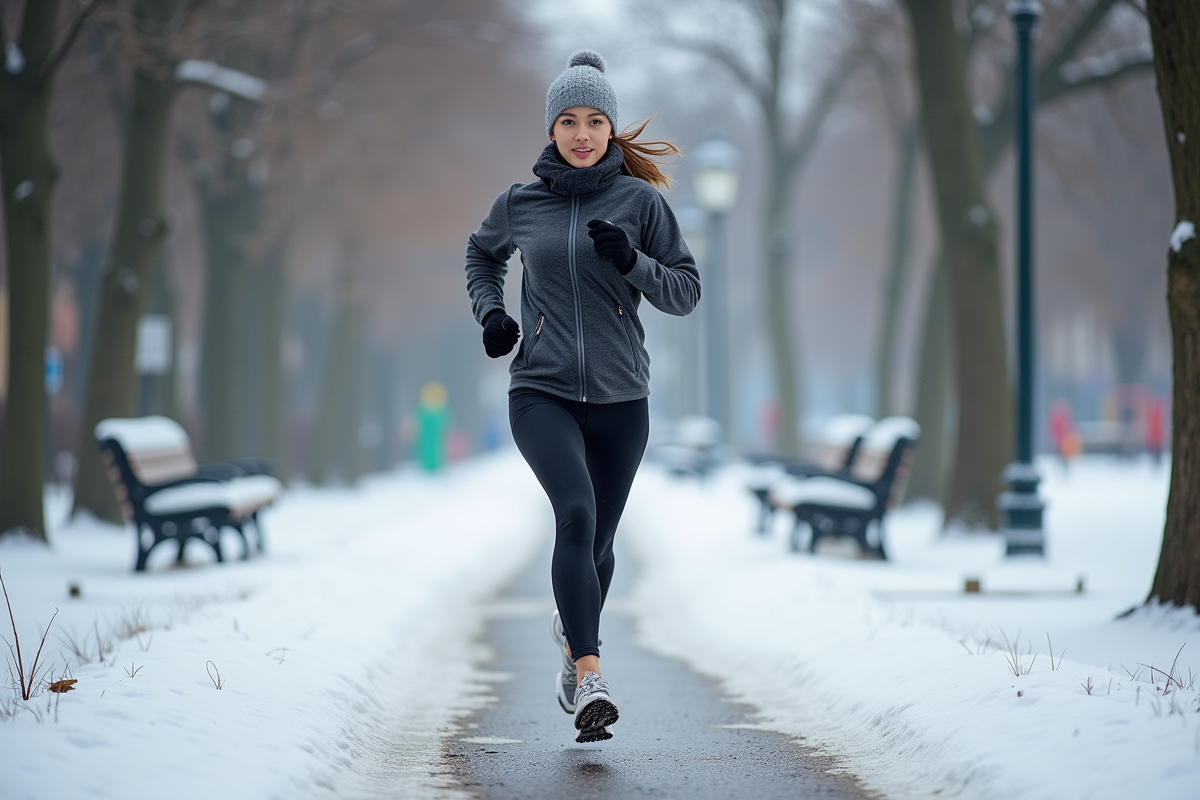 Jeune femme en course d'hiver dans un parc enneige