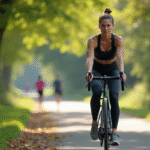Femme sportive en vélo dans un parc verdoyant