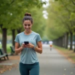 Femme sportive en ville avec smartphone et application de vitesse