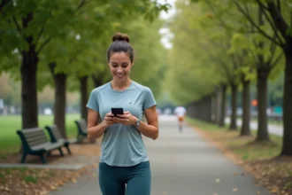 Femme sportive en ville avec smartphone et application de vitesse