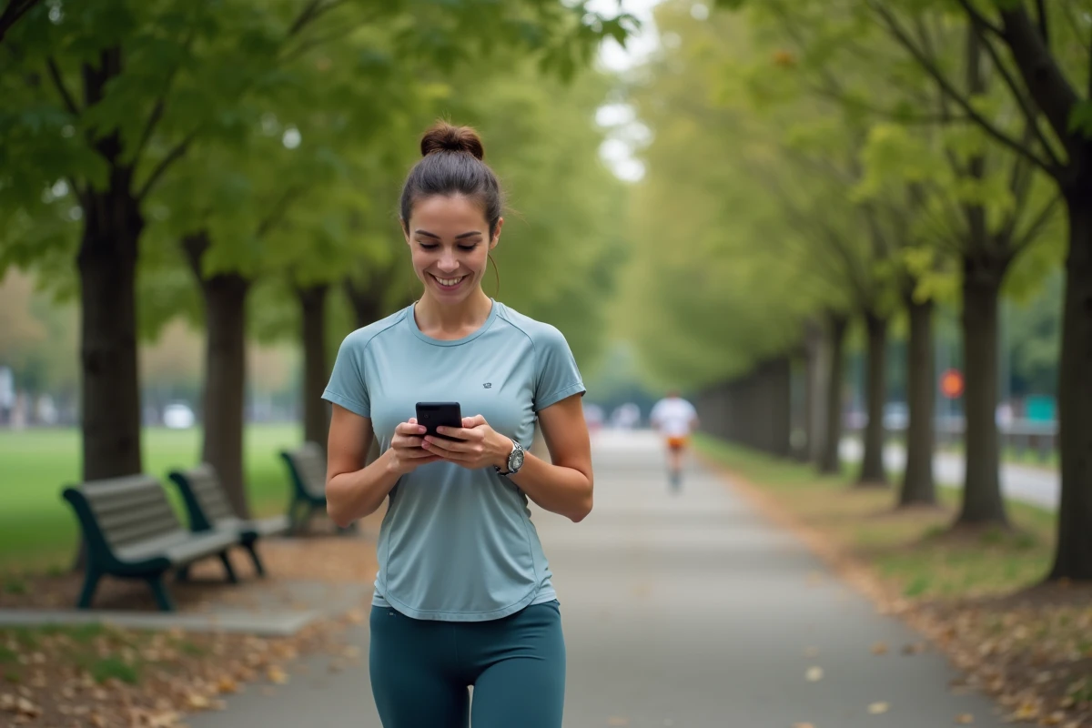 Femme sportive en ville avec smartphone et application de vitesse