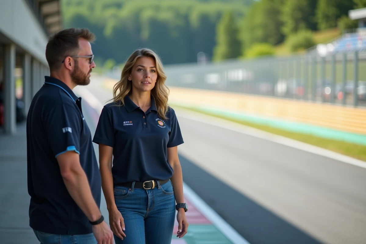 Femme en polo écoute un instructeur au bord du pit lane