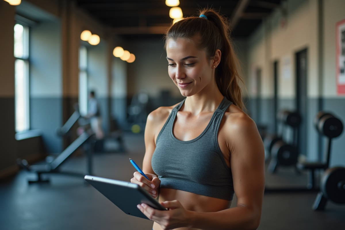 Femme concentrée préparant son entraînement en salle de sport