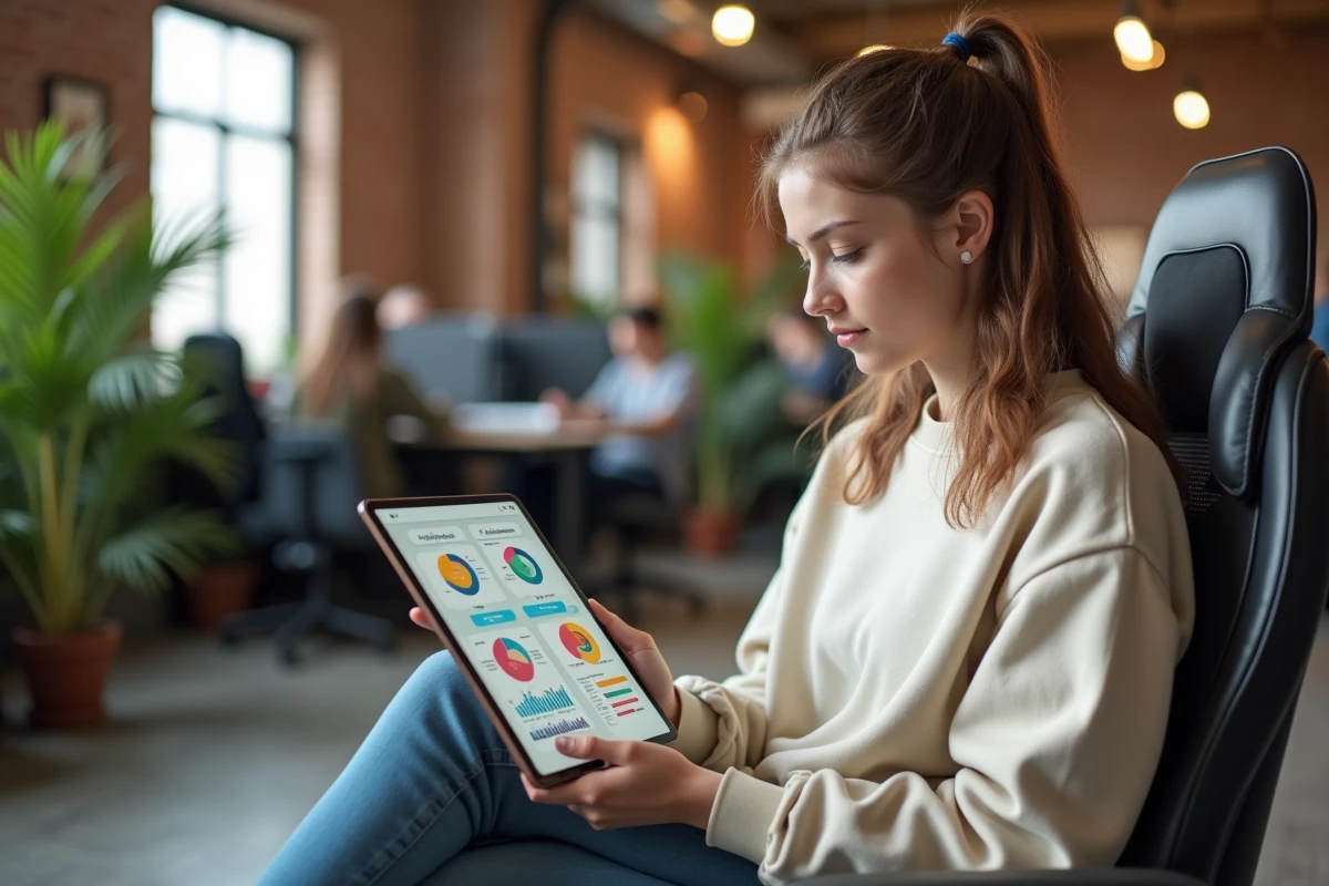 Jeune femme consultant des infographies de croissance esport et statistiques BMS sur tablette dans un espace de coworking moderne