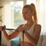 Femme adulte faisant des exercices avec bandes de resistance à la maison