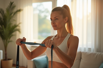 Femme adulte faisant des exercices avec bandes de resistance à la maison
