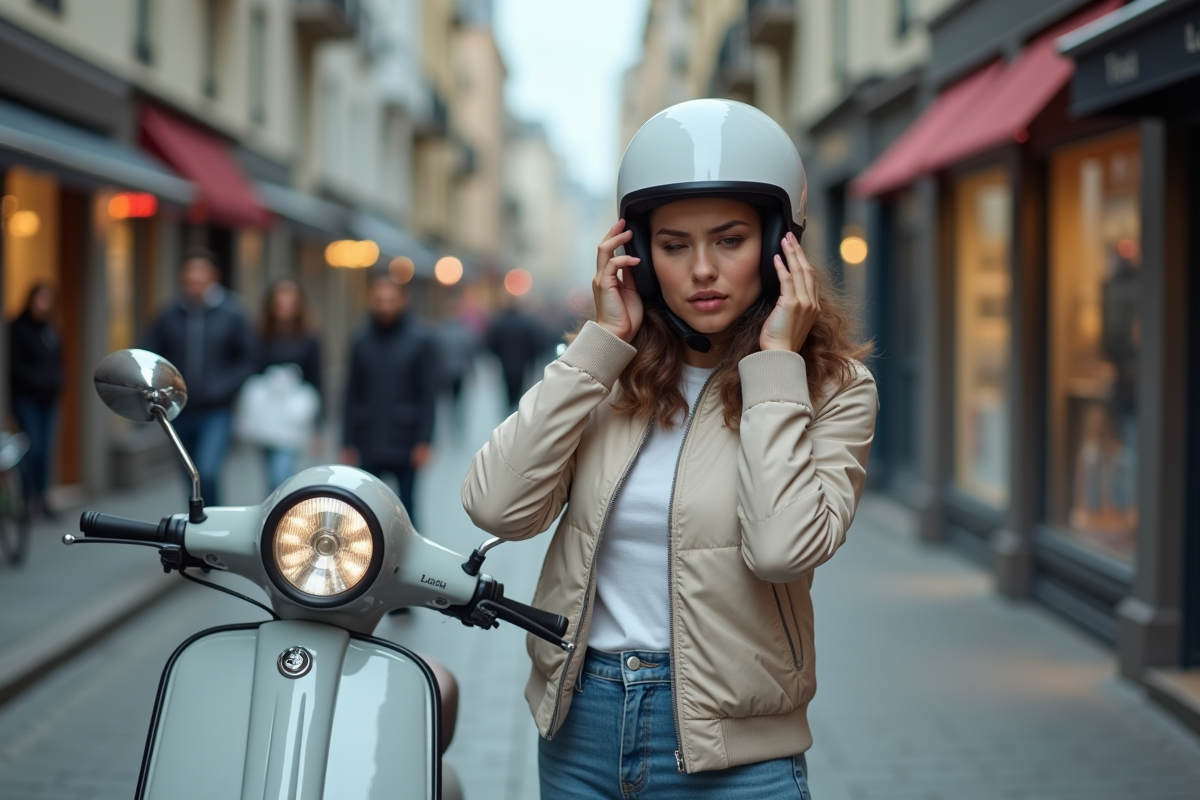 Femme essayant un casque scooter dans la rue urbaine
