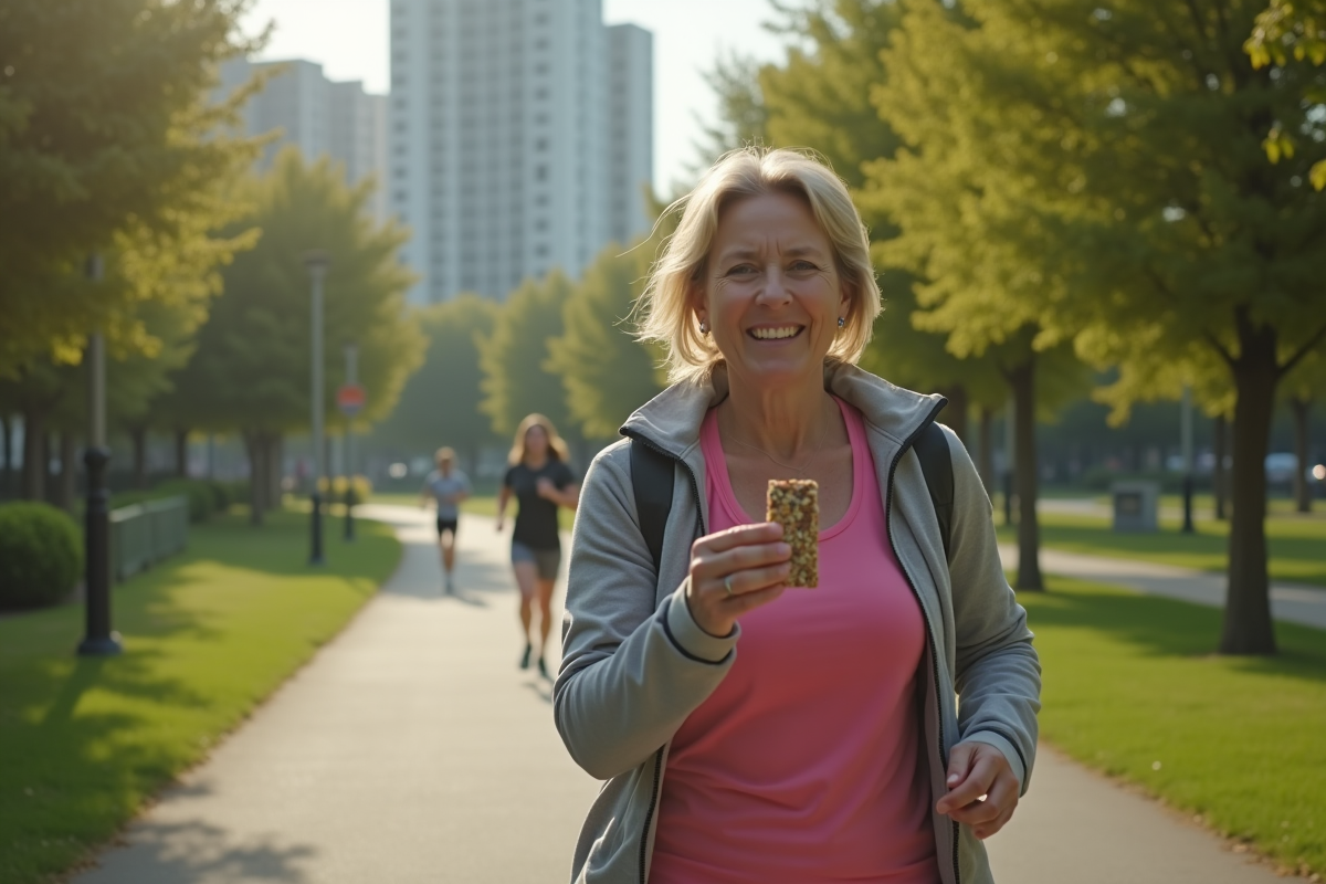 Femme active dégustant une barre énergétique en plein air