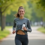 Jeune femme en jogging dans un parc urbain en matinée