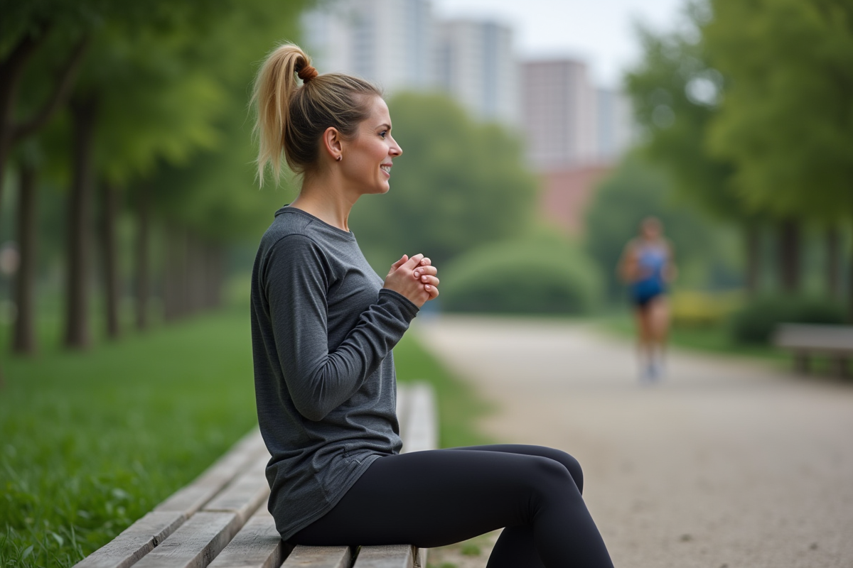 Femme après jogging dans un parc urbain en pleine nature