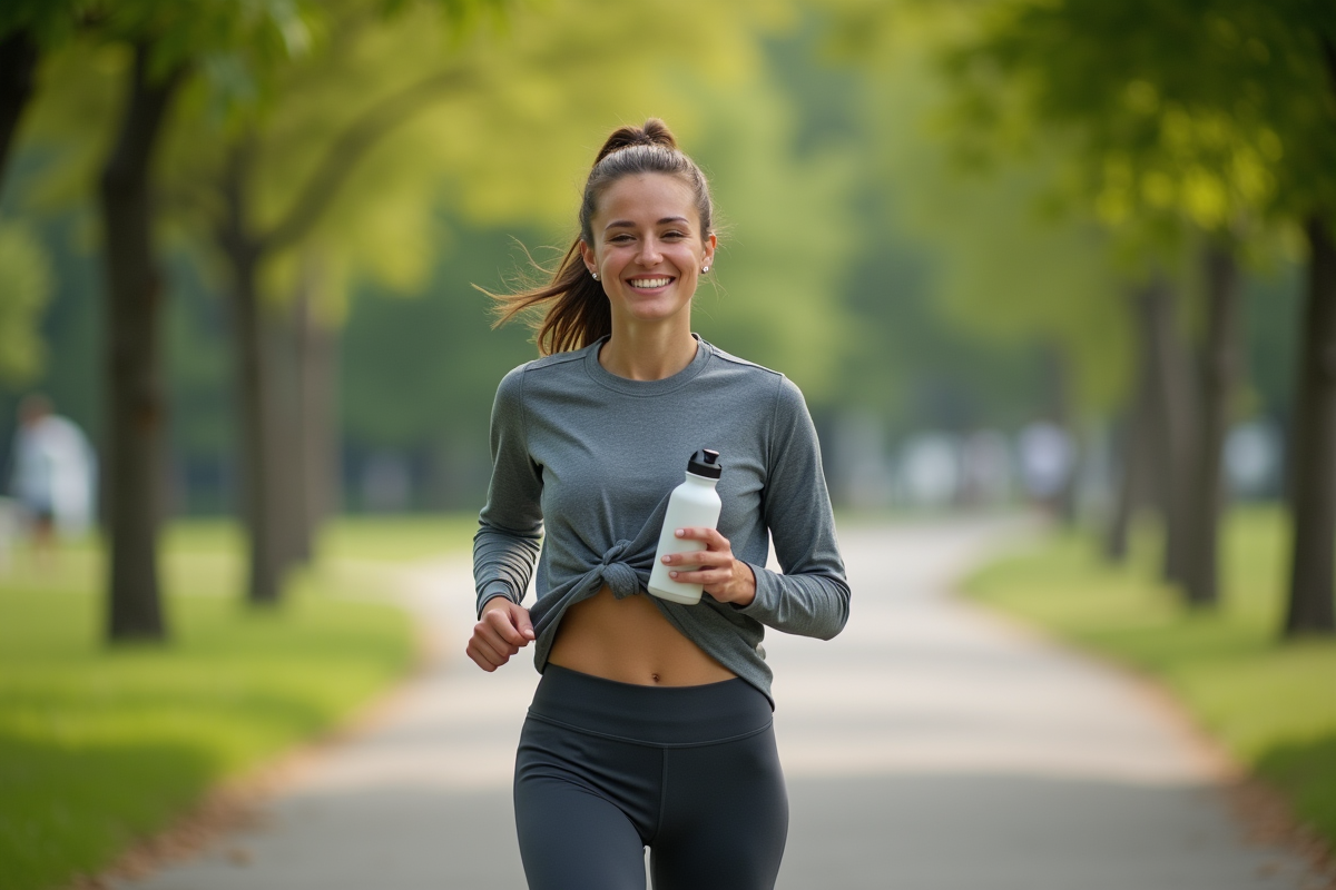 Jeune femme en jogging dans un parc urbain en matinée