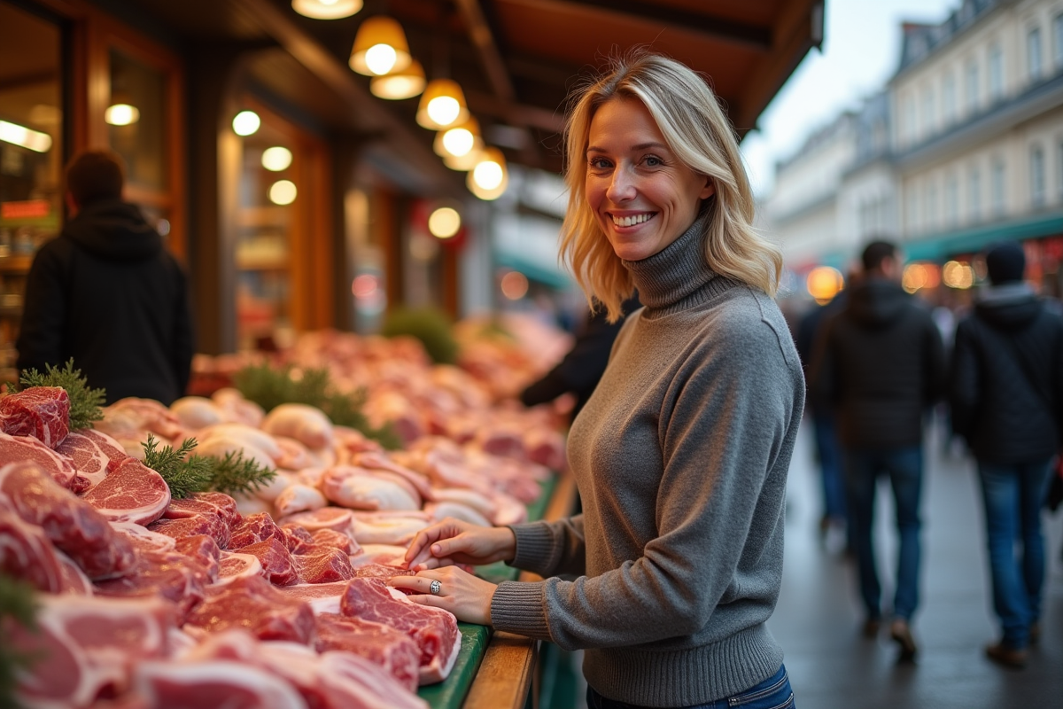 Femme au marché bio regardant la viande fraîche