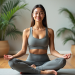 Femme méditant en studio zen avec plantes vertes