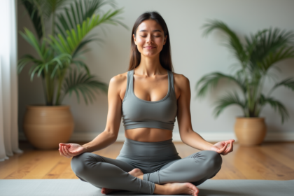 Femme méditant en studio zen avec plantes vertes