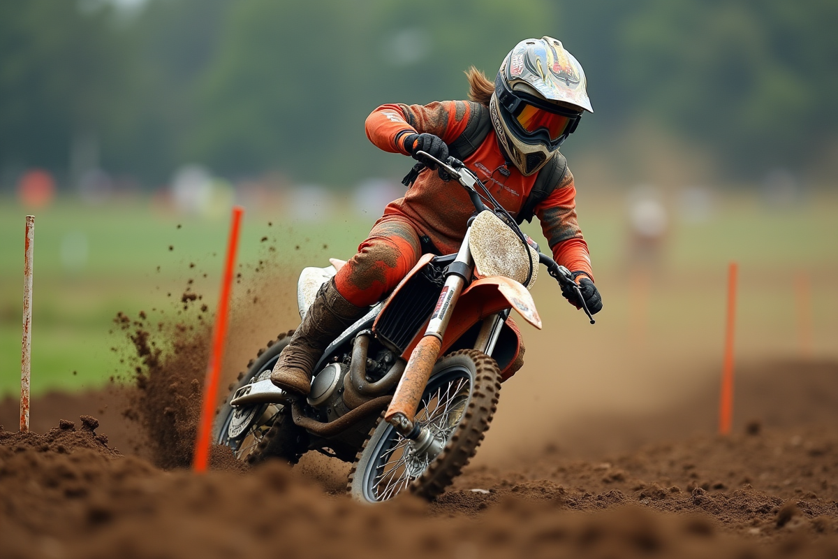 Jeune femme motocross en pleine courbe dans la boue