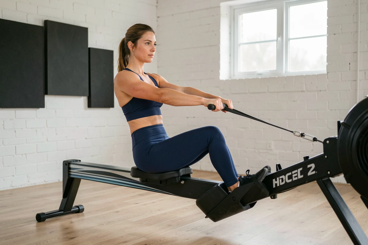 Femme en position de tirage sur un rameur à domicile, montrant les muscles du dos et des épaules sollicités à résistance modérée