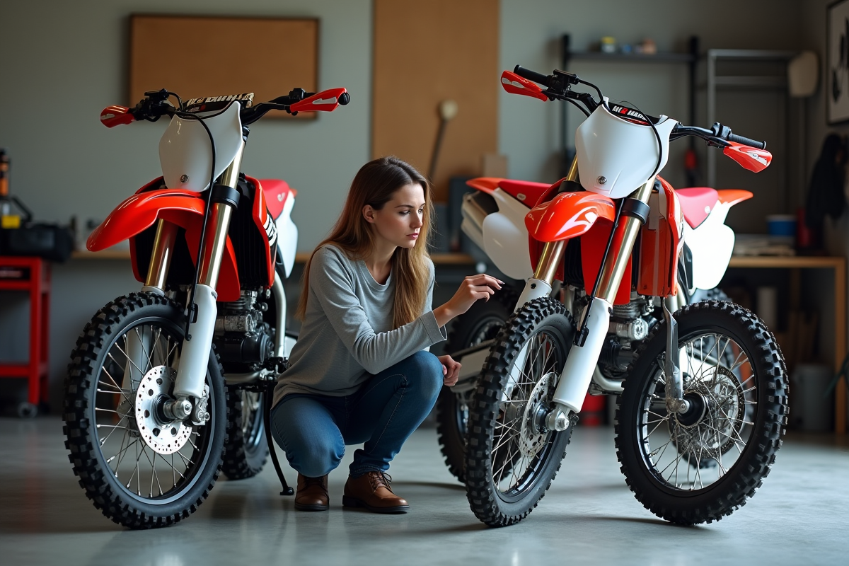 Femme inspectant deux motos dans un garage bien organisé