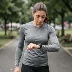 Femme en tenue de running consultant sa montre GPS pour convertir ses pas en kilomètres lors d'une sortie en ville