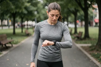 Femme en tenue de running consultant sa montre GPS pour convertir ses pas en kilomètres lors d'une sortie en ville