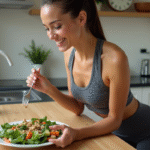 Femme sportive mangeant une salade nutritive à la maison