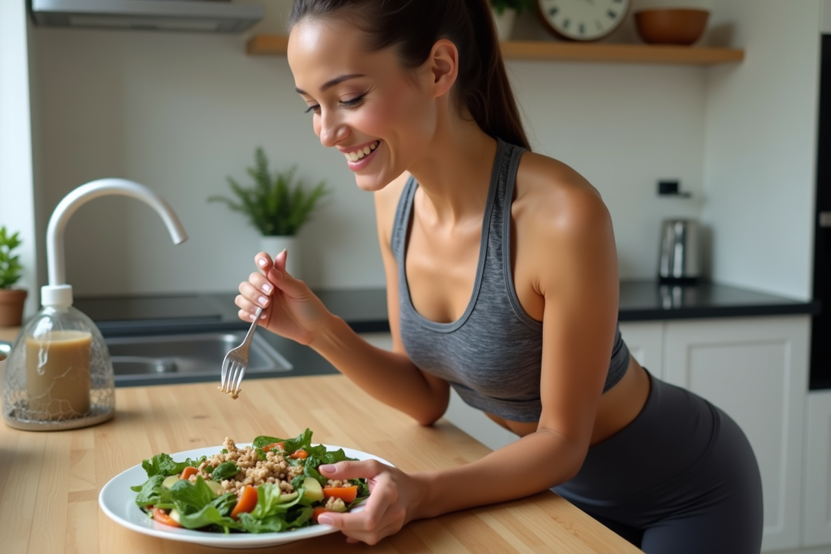 Femme sportive mangeant une salade nutritive à la maison