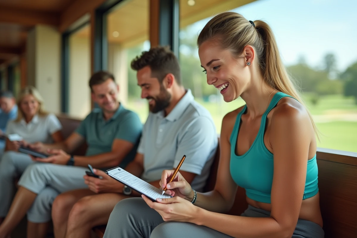 Jeune femme souriante note sur un scorecard de golf dans le clubhouse