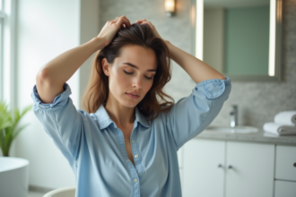 Femme appliquant un serum capillaire dans un cadre lumineux