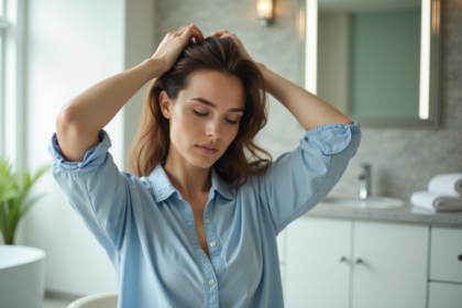 Femme appliquant un serum capillaire dans un cadre lumineux