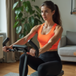 Femme en tenue de sport ajustant une machine de musculation à domicile