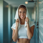 Jeune femme sportive se sèche dans une douche de gym propre
