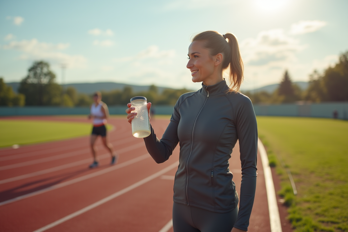 Femme sportive mélangeant whey sur piste extérieure