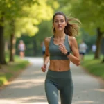 Femme sportive courant dans un parc verdoyant en plein air