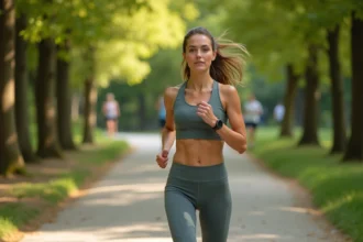 Femme sportive courant dans un parc verdoyant en plein air