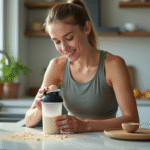 Jeune femme sportive préparant sa protéine dans la cuisine