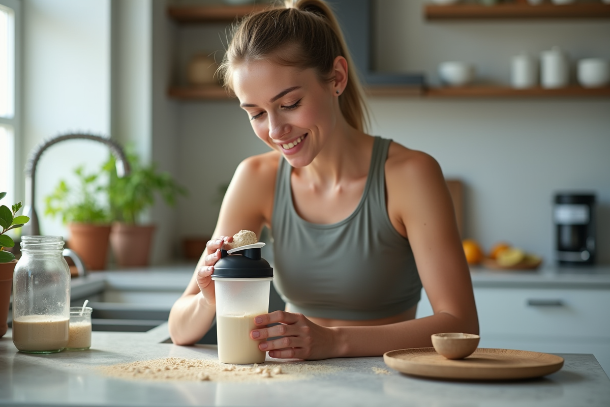 Jeune femme sportive préparant sa protéine dans la cuisine