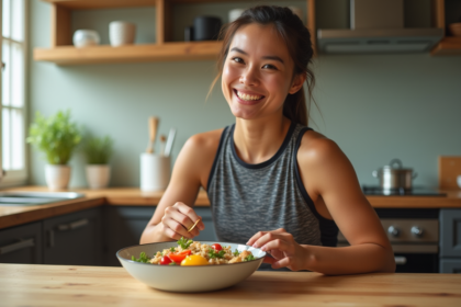 Jeune femme sportive préparant un bol de quinoa et légumes